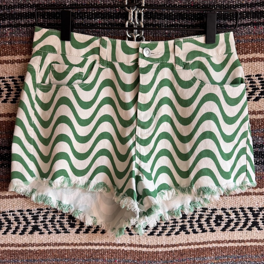 Altar'd State Denim Shorts Medium Green Raw Hem High Rise Wavy Swirl Print